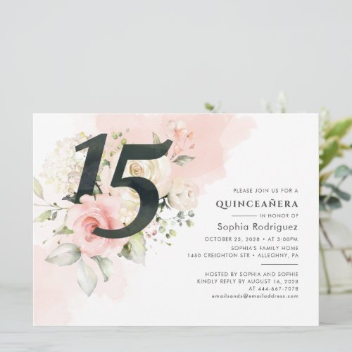  Eucalyptus Pink Rose 15th Birthday Quinceanera Invitation