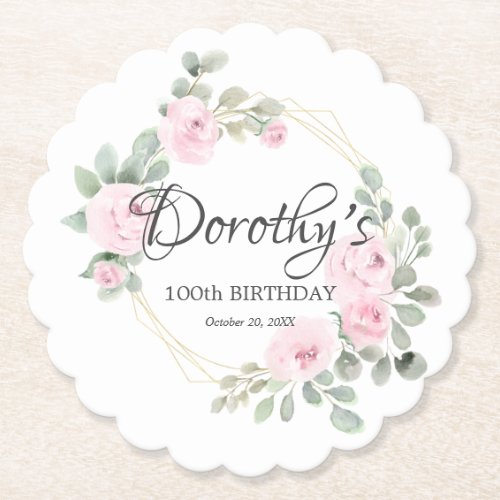 Eucalyptus Pink Rose Floral 100th Birthday Party Paper Coaster
