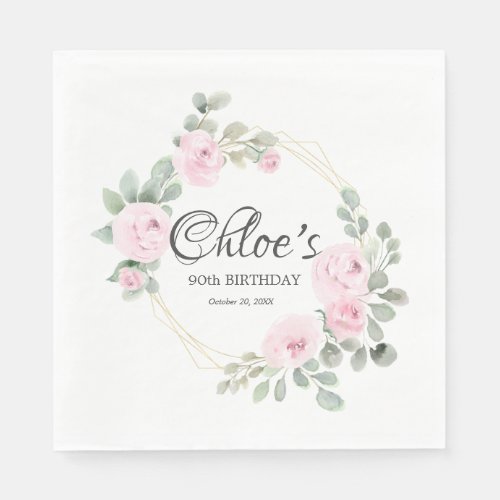 Eucalyptus Pink Rose Floral 90th Birthday Party Napkins