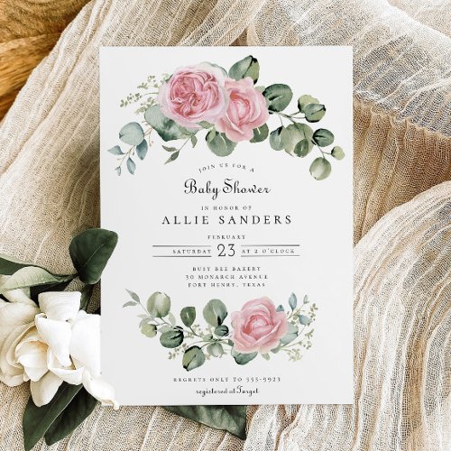 Eucalyptus Pink Rose Floral Arch Baby Shower Invitation