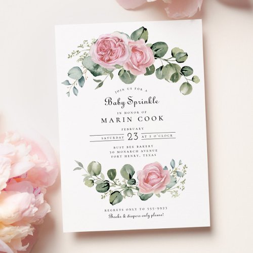 Eucalyptus Pink Rose Floral Arch Baby Sprinkle Invitation