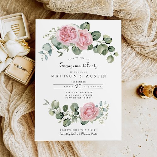 Eucalyptus Pink Rose Floral Arch Engagement Party Invitation