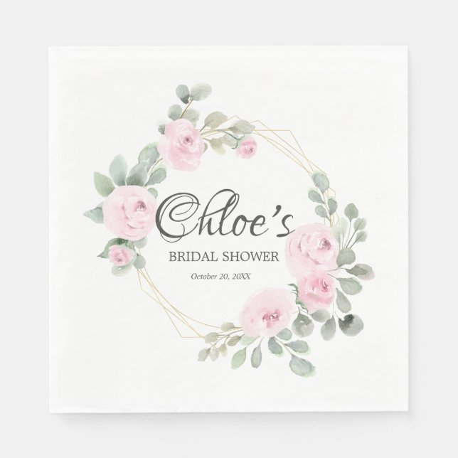Eucalyptus Pink Rose Floral Bridal Shower Napkins (Front)
