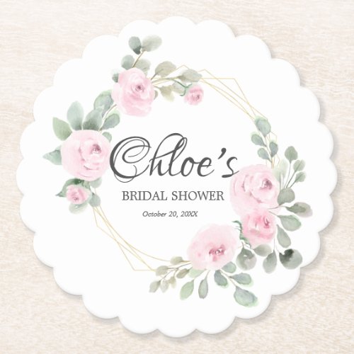 Eucalyptus Pink Rose Floral Bridal Shower Paper Coaster