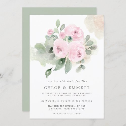 Eucalyptus Pink Rose Floral Wedding Invitation