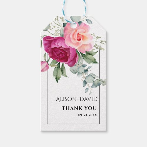 Eucalyptus pink rose flowers typography wedding gift tags