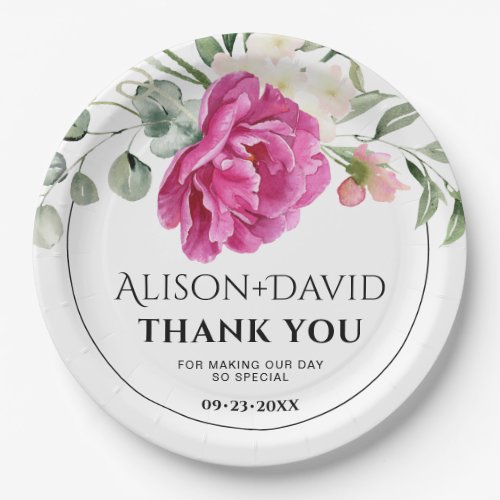 Eucalyptus pink rose flowers typography wedding paper plates