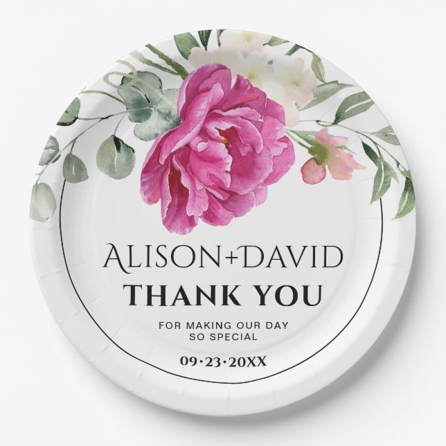 Eucalyptus, pink rose flowers typography wedding paper plates (Front)