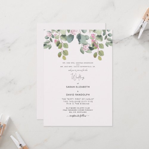 Eucalyptus  Pink Rose Wedding Both Parents Invitation