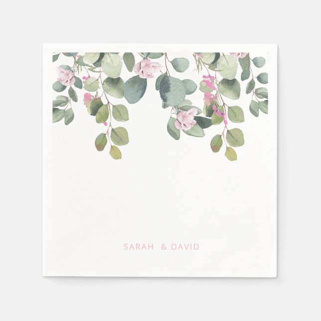Eucalyptus & Pink Rose Wedding Cocktail Napkins (Front)