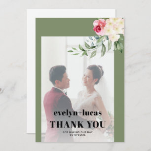 Eucalyptus pink rose white flowers photo wedding thank you card