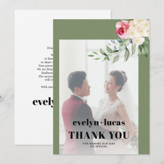 Eucalyptus pink rose white flowers photo wedding thank you card