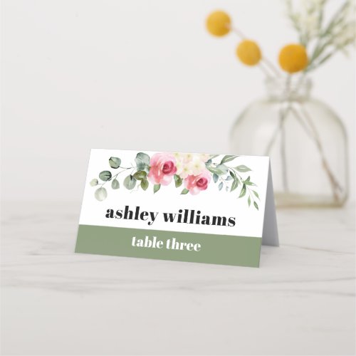 Eucalyptus pink rose white flowers wedding place card