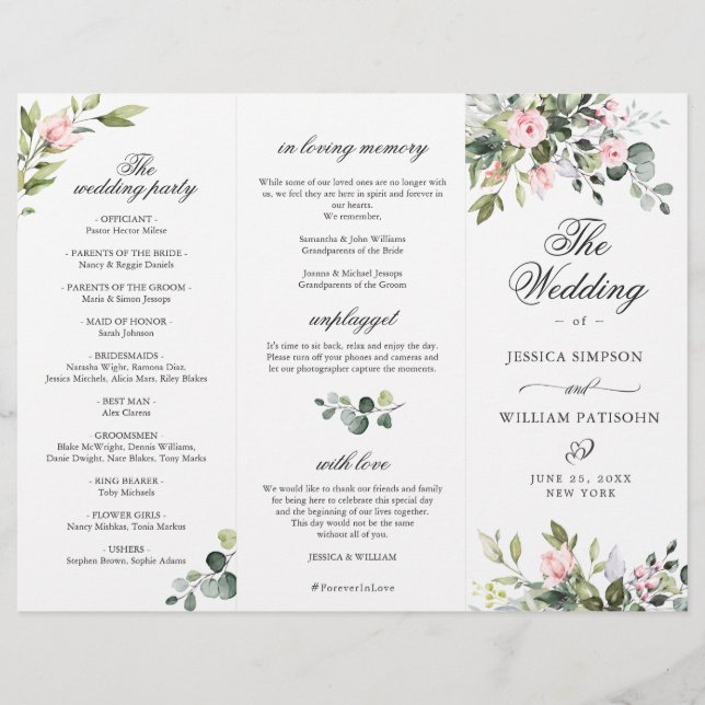 Eucalyptus Pink Roses Wedding Ceremony Program (Front)