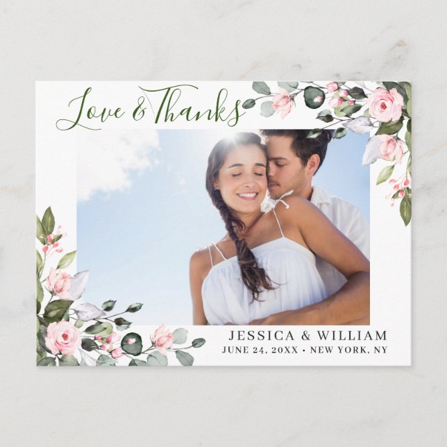 Eucalyptus Pink Roses Wedding Photo Thank You Postcard (Front)