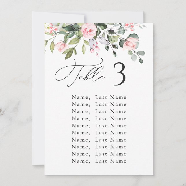 Eucalyptus Pink Roses Wedding Seating Chart Card (Front)