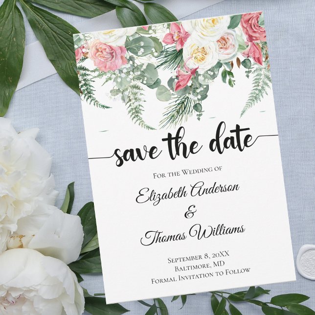 Eucalyptus Pink White Floral Roses Save the Date  Invitation (Creator Uploaded)