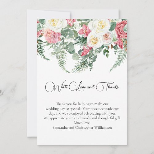 Eucalyptus Pink White Roses Floral Wedding  Thank You Card