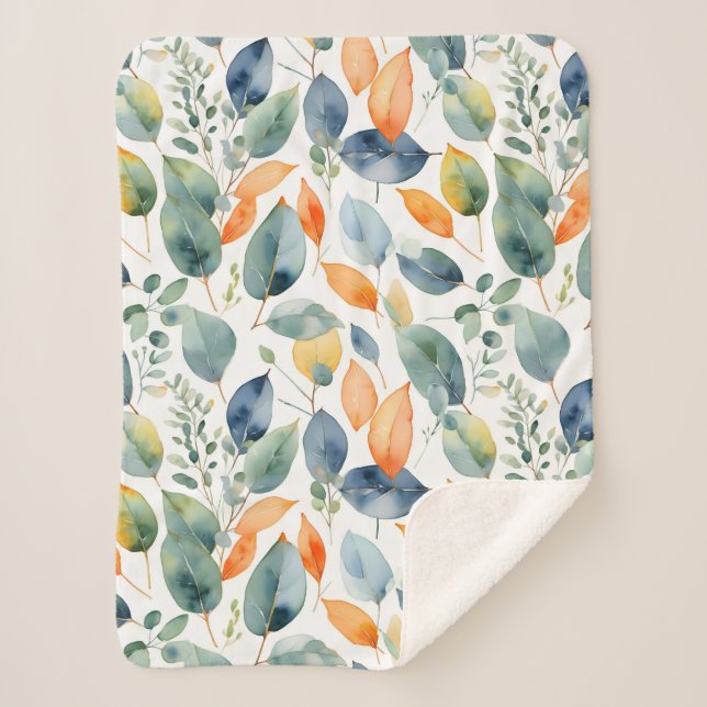 Eucalyptus Plants Green Orange 350 Watercolor Sherpa Blanket (Front)