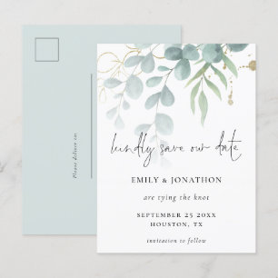 Eucalyptus Powder Blue Gold Script Save The Date Invitation Postcard
