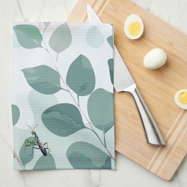 Eucalyptus Praying Mantis Australian Botanical Art Kitchen Towel (Quarter Fold)