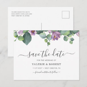 Eucalyptus Purple Floral Greenery Save The Date Announcement Postcard