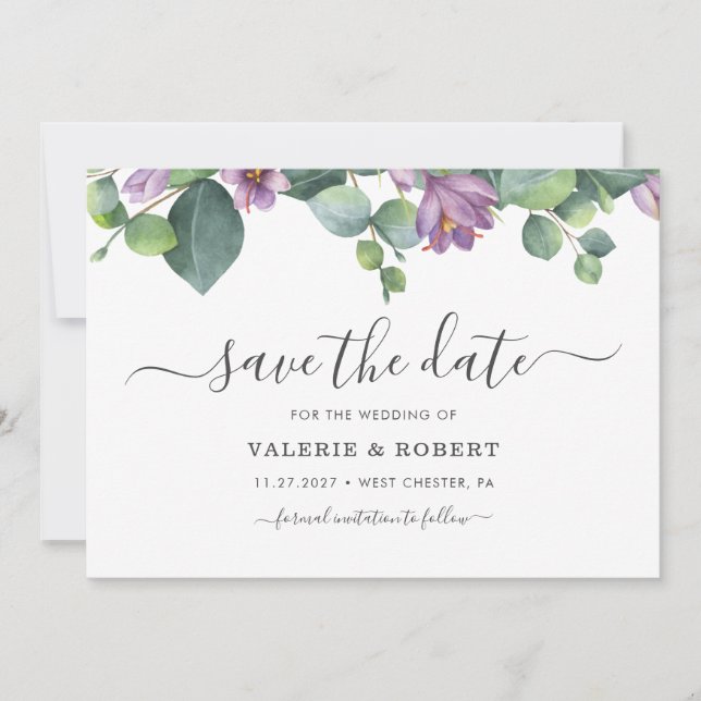 Eucalyptus Purple Floral Succulent Save The Date (Front)