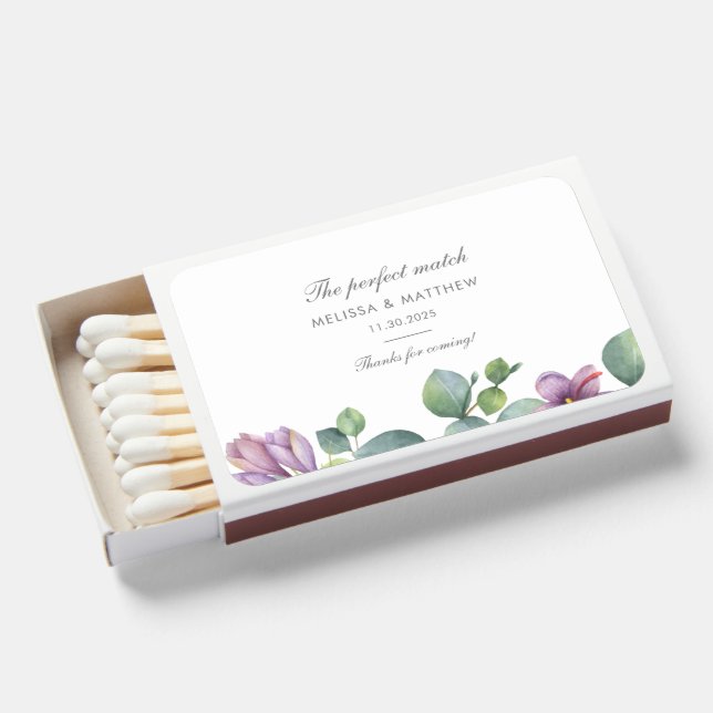 Eucalyptus Purple Green Floral Wedding Favor Matchboxes (Front Open)