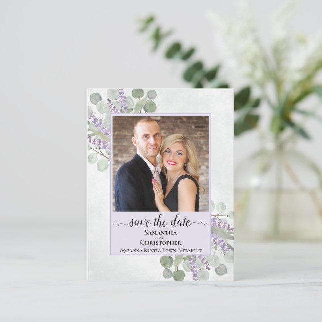 Eucalyptus Purple Wedding Save the Date Photo Announcement Postcard (Standing Front)