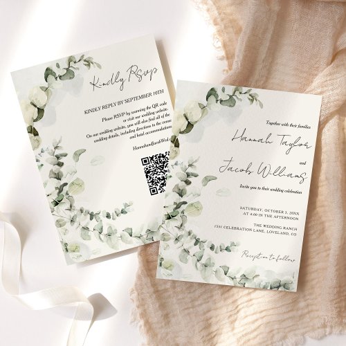 Eucalyptus QR Code Beige Wedding Invitation