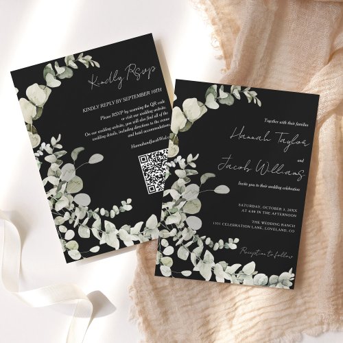 Eucalyptus QR Code Black Wedding Invitation