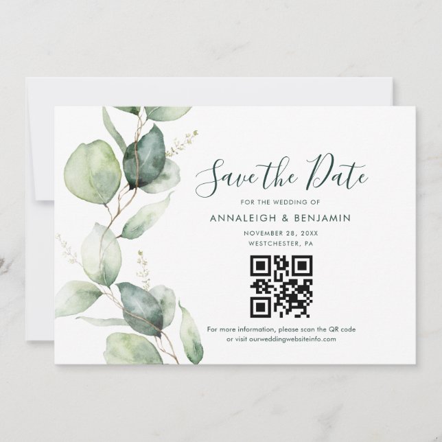Eucalyptus QR Code Botanical Wedding Save The Date (Front)