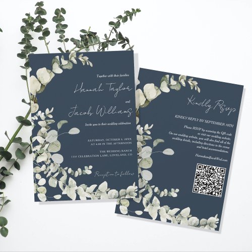 Eucalyptus QR Code Navy Blue Wedding Invitation