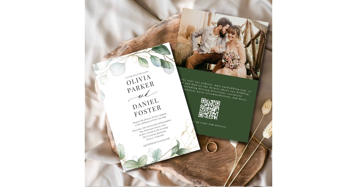 Eucalyptus QR Code Photo Greenery Wedding Invitation | Zazzle