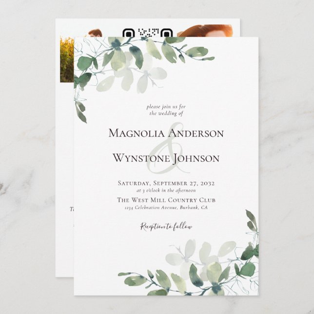 Eucalyptus QR Code Photo Wedding Itinerary Invitation (Front/Back)