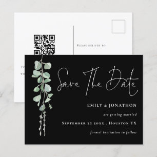 Eucalyptus QR Code Script Black Save The Date Postcard