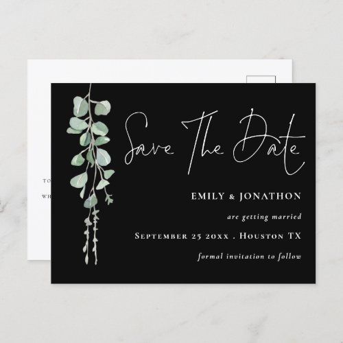 Eucalyptus QR Code Script Black Save The Date Postcard