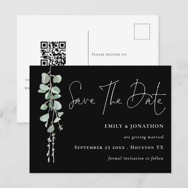 Eucalyptus QR Code Script Black Save The Date Postcard (Front/Back)
