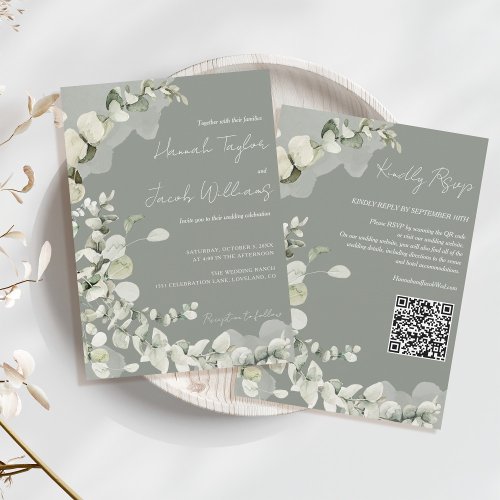 Eucalyptus QR Code Wedding Sage Green Invitation