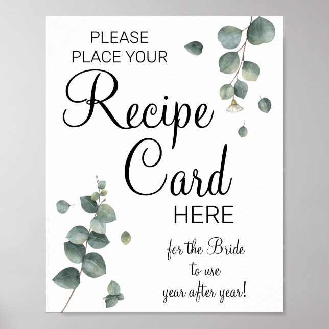 Eucalyptus Recipe Cards bridal shower game sign (Front)