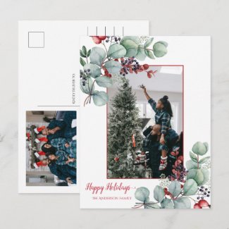 Eucalyptus, Red Berries, 2 Photo Christmas Postcard