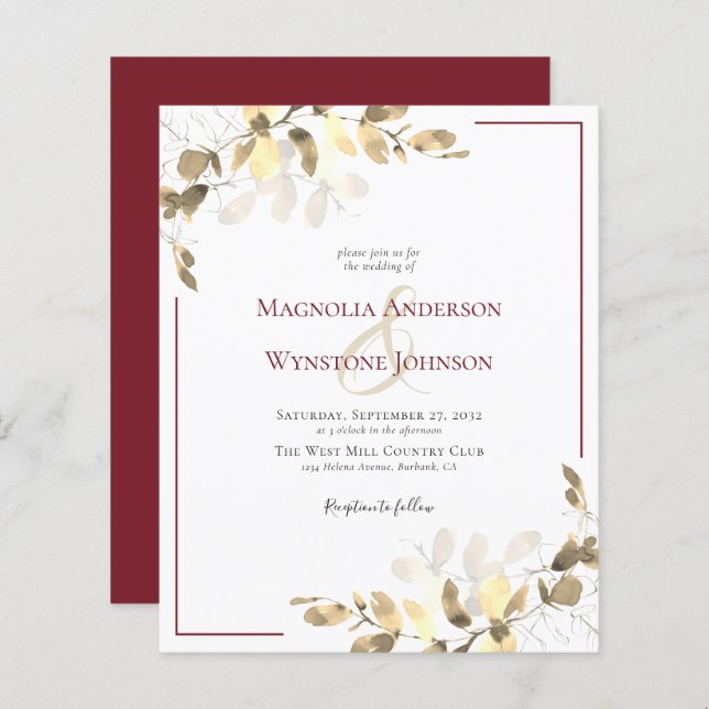 Eucalyptus Red Gold Wedding Invitation (Front/Back)
