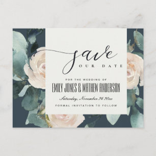 EUCALYPTUS ROSE BLUSH NAVY KRAFT SAVE THE DATE ANNOUNCEMENT POSTCARD