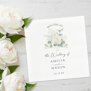 Eucalyptus Rose Floral White Paper Wedding  Napkins