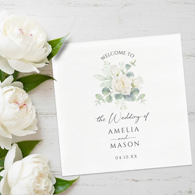 Eucalyptus Rose Floral White Paper Wedding  Napkins (Eucalyptus Rose Floral White Paper Wedding Napkins)