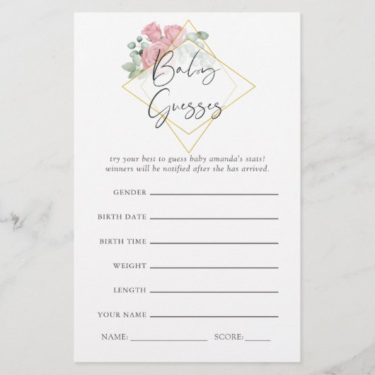 Eucalyptus Rose Geometric Baby Shower Guesses Game (Front)