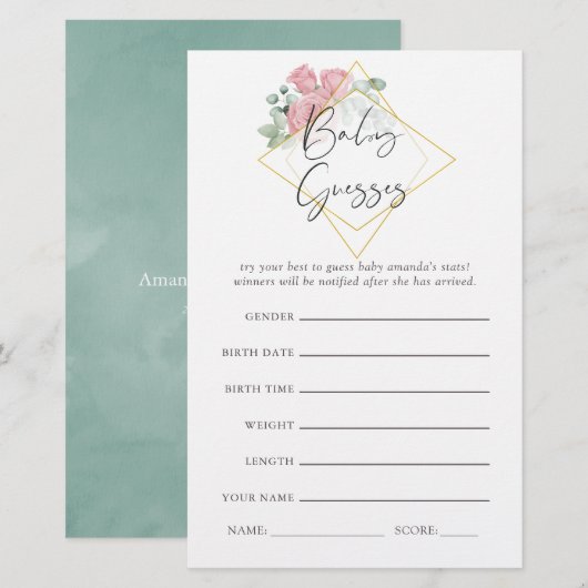 Eucalyptus Rose Geometric Baby Shower Guesses Game (Front/Back)