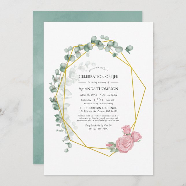Eucalyptus Rose Geometric Celebration of Life Invitation (Front/Back)