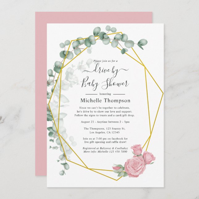 Eucalyptus Rose Geometric Drive By Shower Invitation (Front/Back)