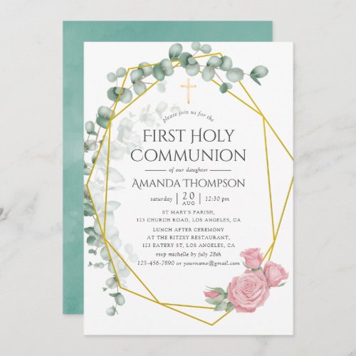 Eucalyptus Rose Geometric First Holy Communion Invitation